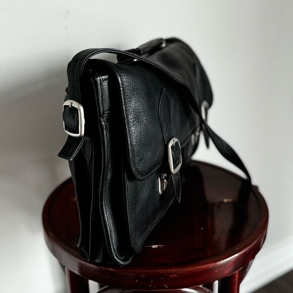 Vintage Black Leather Briefcase Messenger Bag - Picture 4 of 13